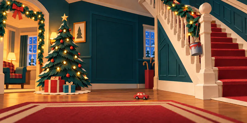 A paper Christmas tree glows beside wrapped gifts in a teal entrance hall. A paint tin hangs from the garlanded staircase, with a red toy car on the floor.