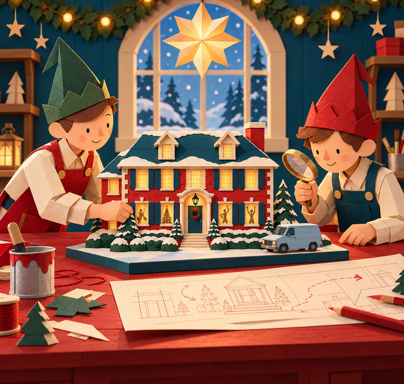 Two paper elves inspect a snowy red house model and miniature van on a red workbench. A magnifying glass, paint tin and drawn plans sit beneath a glowing star.