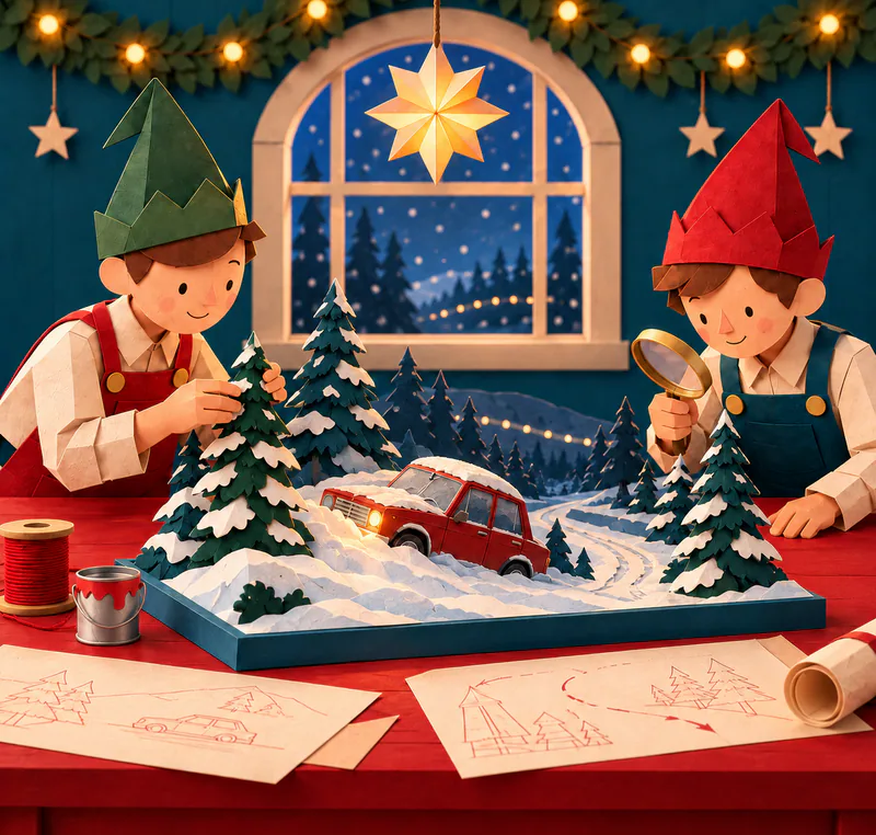 Two paper elves inspect a snowy forest model with a red car and one glowing headlight, beneath a hanging star in a teal workshop.