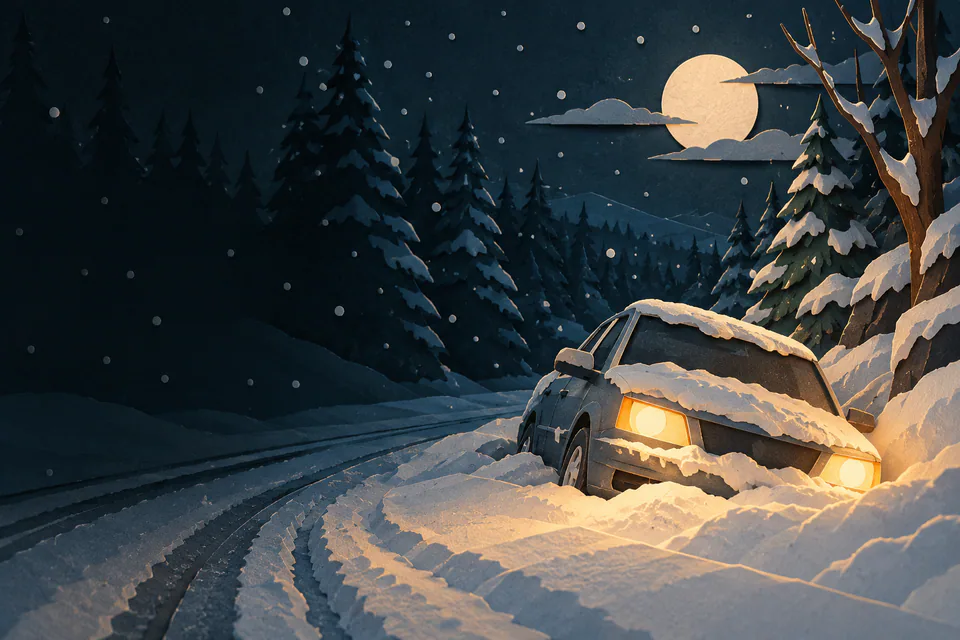 A small paper car is buried nose-first in a snowdrift, its amber headlights glowing beside tyre tracks on an empty moonlit forest road.