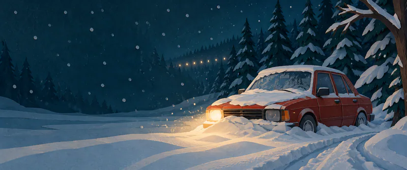 A red paper car sits nose-first in a snowdrift with one glowing headlight and a frosted windscreen, beneath distant lights among dark pines.