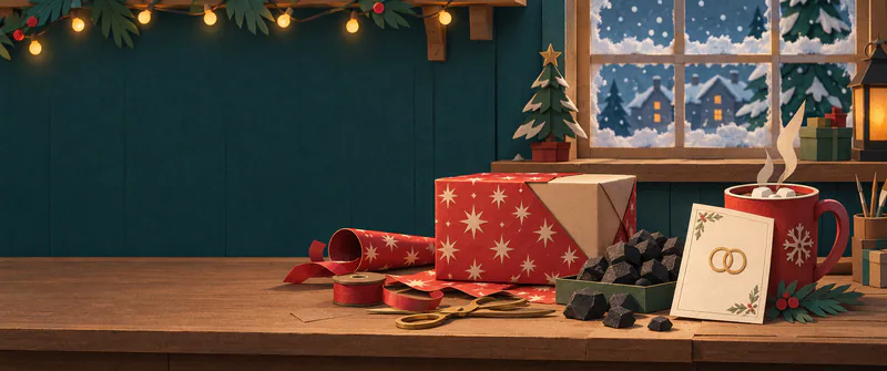 A half-wrapped present, coal, a ring-decorated card and a steaming cocoa mug sit on a paper workbench beneath fairy lights and a snowy window.