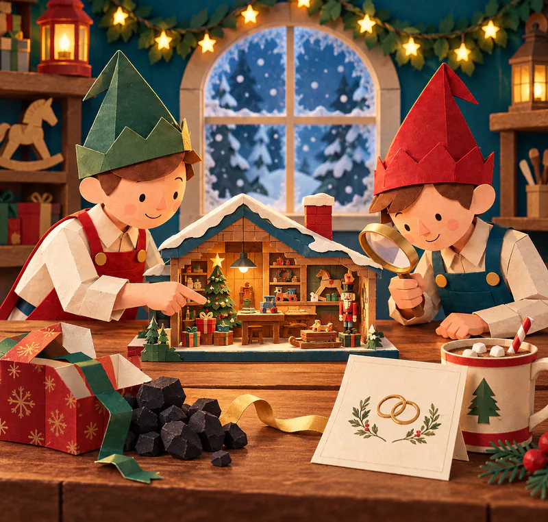 Two paper elves inspect a miniature toy workshop behind a half-wrapped gift, coal, cocoa and a card decorated with gold rings, beneath warm star lights.
