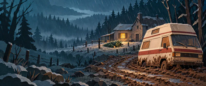 A battered cream and red camper van is stuck on a muddy forest track in rain, below a shabby inn with one lit window and a felled fir.