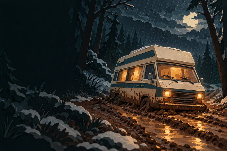 A battered cream paper camper van sits stuck in muddy ruts on a dark forest track, with amber headlights shining through driving rain.