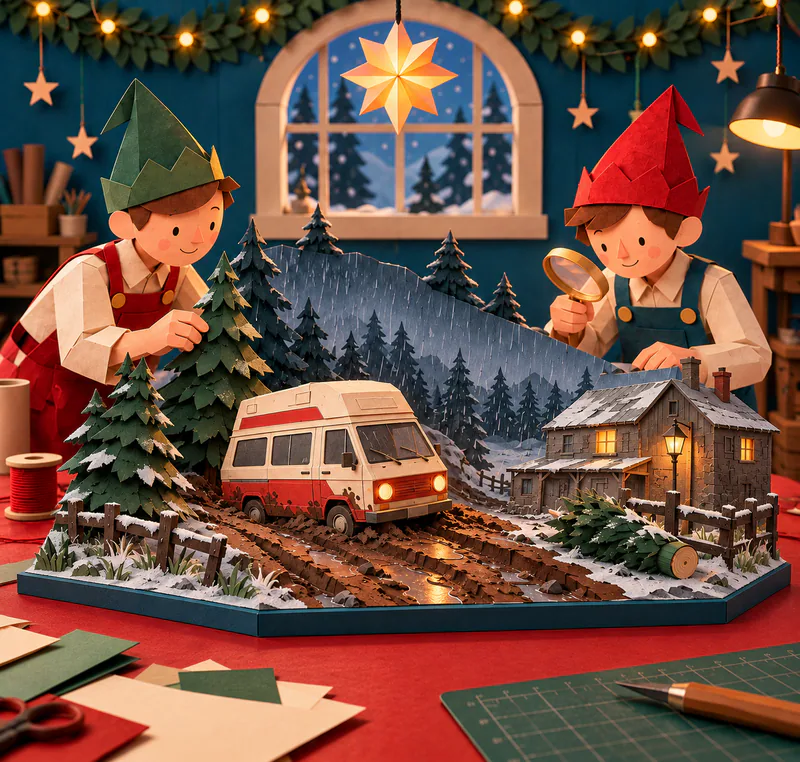 Two paper elves inspect a forest diorama with a cream and red camper van in mud, a shabby inn, a felled fir and a rainy backdrop.