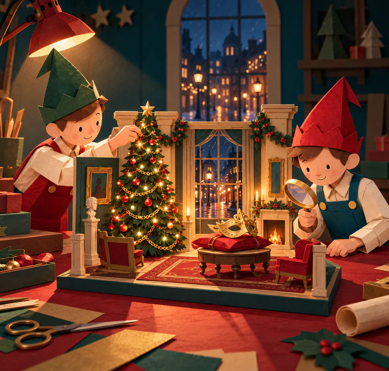 Two paper elves inspect a miniature grand room with a Christmas tree and gold mask on a red cushion. A warm lamp lights the model and its rainy street window.