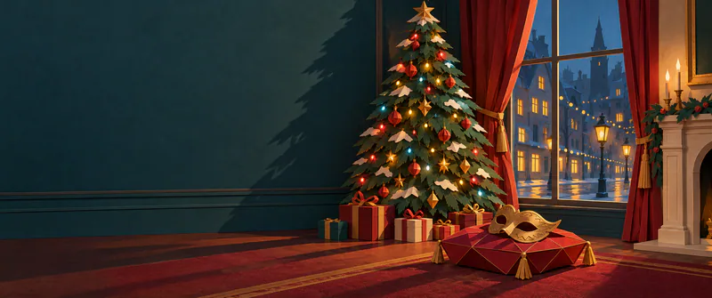 A gold carnival mask rests on a folded red cushion beneath a lit paper Christmas tree. Long shadows stretch across a grand room beside a wet city street.