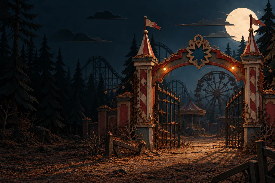 Overgrown paper gates lead into an abandoned amusement park in a dry pine forest, with dark rides and two amber bulbs beneath the moon.