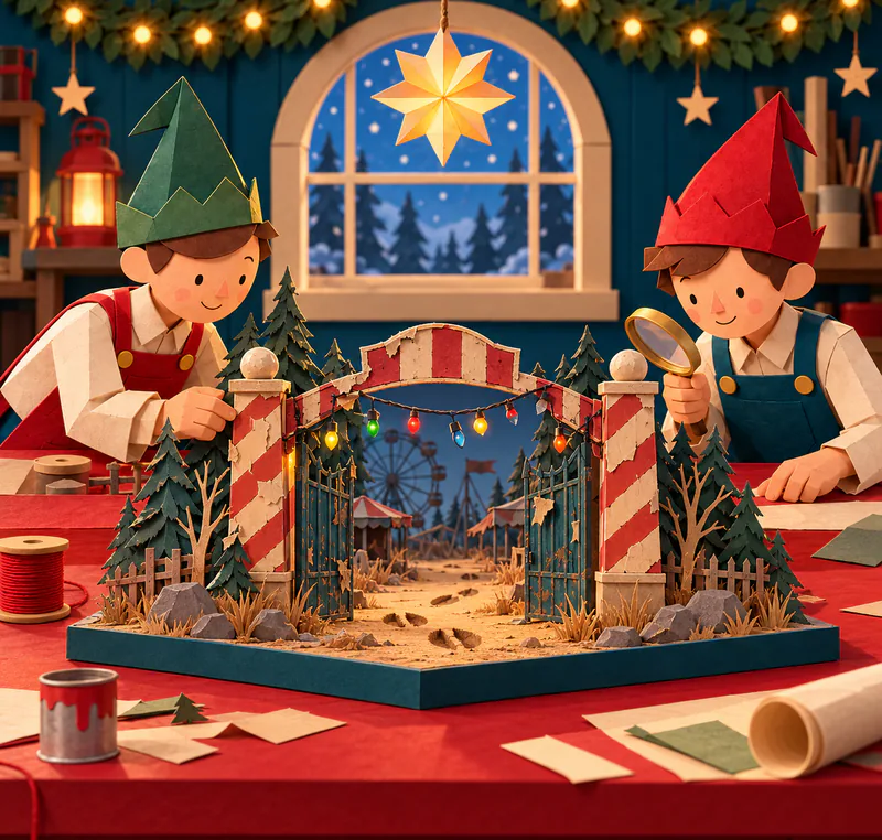 Two paper elves inspect a miniature striped park entrance with peeling paint, coloured bulbs and hoof-shaped tracks between pine trees on a red workbench.