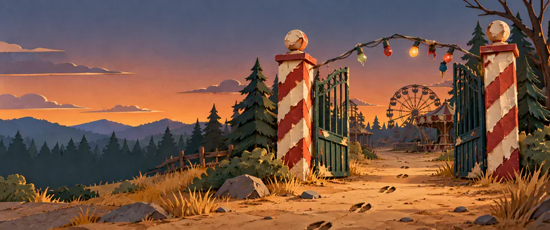 Peeling candy-striped pillars frame open teal gates and deserted fairground rides at dusk. Hoof-shaped tracks cross the dusty path beneath broken coloured lights.