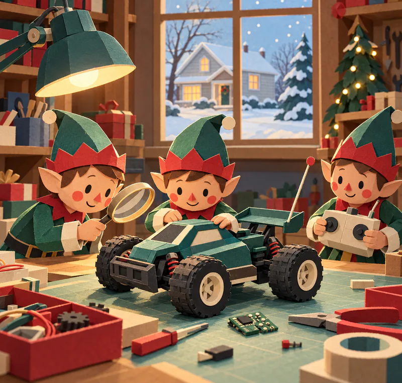 Three paper elves examine a teal remote-control car under a desk lamp, one holding a magnifying glass and another its cream controller.