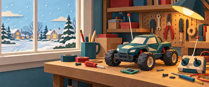 A teal paper toy car, controller and circuit board rest beneath a warm workbench lamp, beside a wide window looking onto snowy suburban houses.