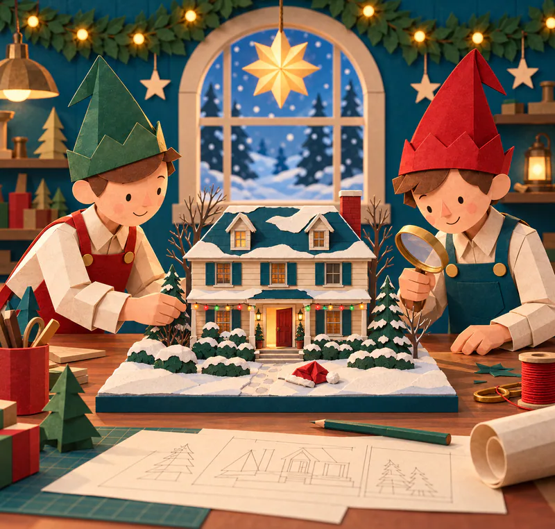 Two paper elves inspect a snowy miniature house with porch lights, an ajar red door and a fallen Santa hat, beside plans and craft tools.