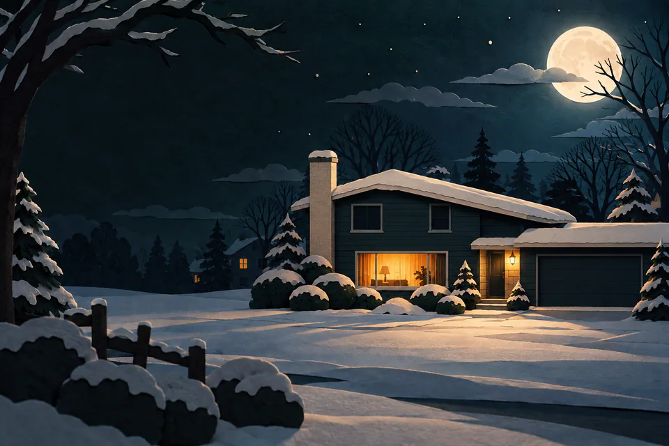 A dark paper suburban house stands beneath a pale moon, with one amber window, a small porch light and deep snow around bare trees.