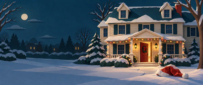 A snowy paper house has dark windows, coloured porch lights and an ajar red door, with a crumpled Santa hat on the path beneath a night sky.