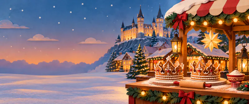 Two iced gingerbread crowns and a rolling pin sit beneath a glowing market awning. A pale castle overlooks the snowy stalls at dusk, with open sky and snow to the left.