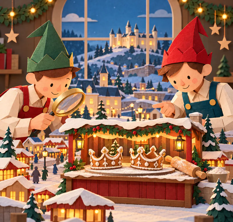 Two paper elves inspect a miniature Christmas market, one using a magnifying glass. Two iced gingerbread crowns and a rolling pin sit on a glowing stall beneath a pale castle.