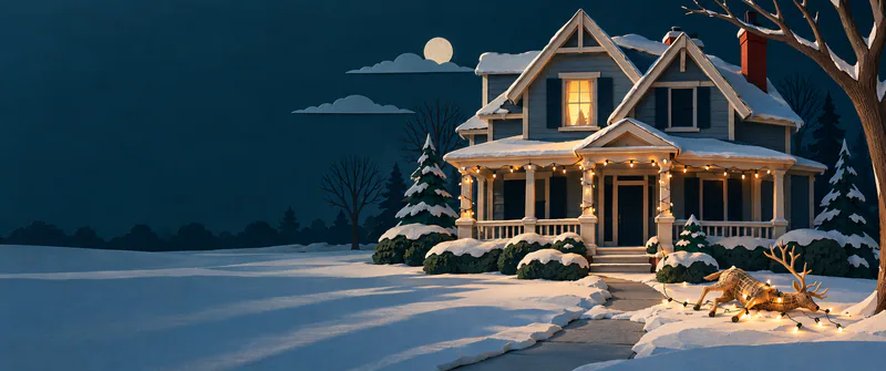 A paper suburban house has one glowing upstairs window and loose Christmas lights, with a toppled reindeer decoration beside its snowy path.