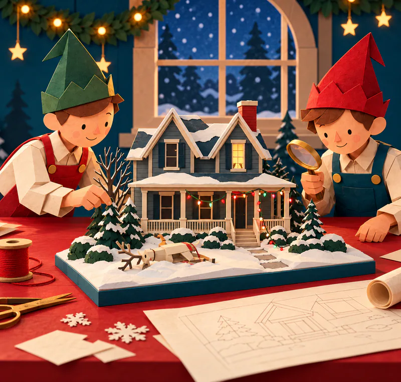 Two paper elves inspect a snowy blue-grey house model with loose porch lights, one glowing upstairs window and a fallen reindeer decoration.
