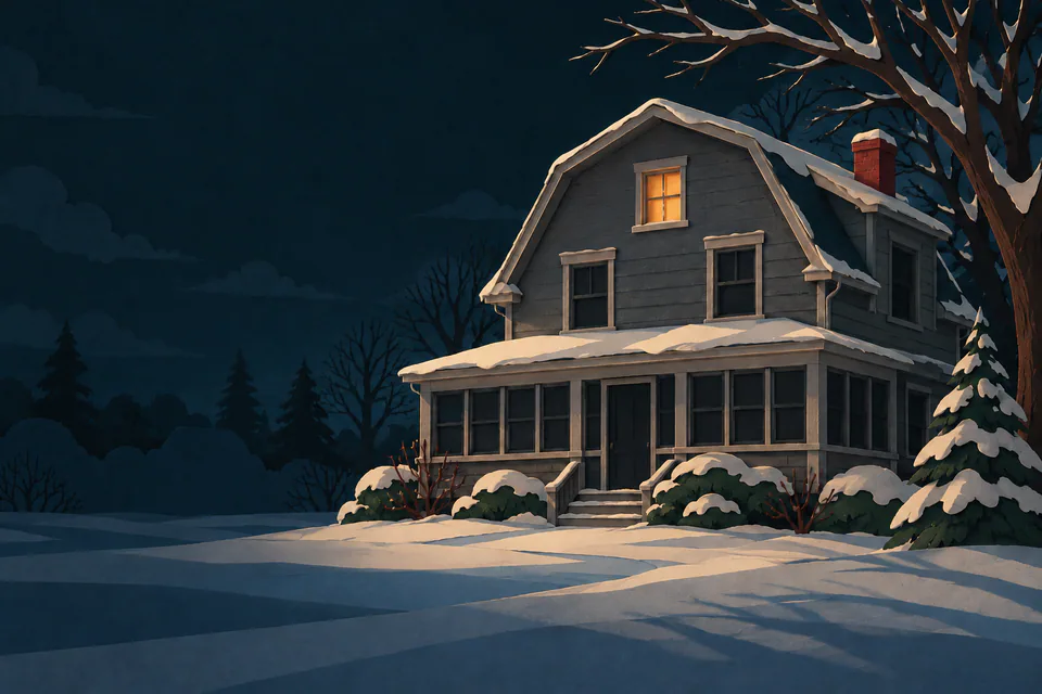 A grey paper house with a broad gambrel roof stands in snow beneath bare branches, with every window dark except one amber upstairs window.