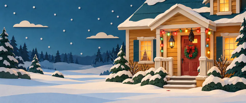 A bat hangs upside down above a red door framed by coloured lights. A tiny red mark breaks the snow outside the warm house, beside a quiet pine forest.