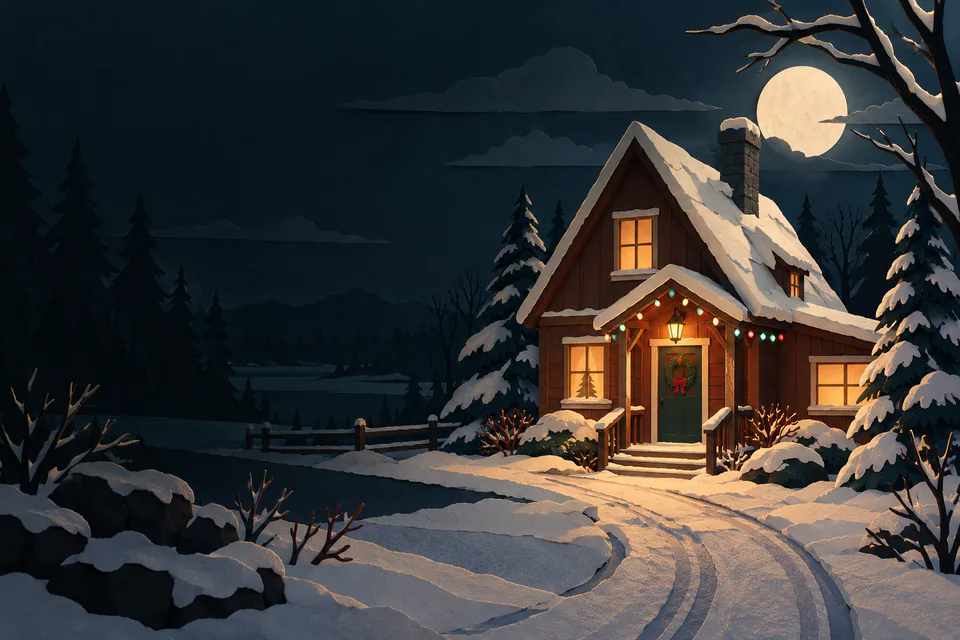 A snowed-in paper timber house has coloured Christmas lights around its porch, amber windows and a steep roof beneath a pale moon.