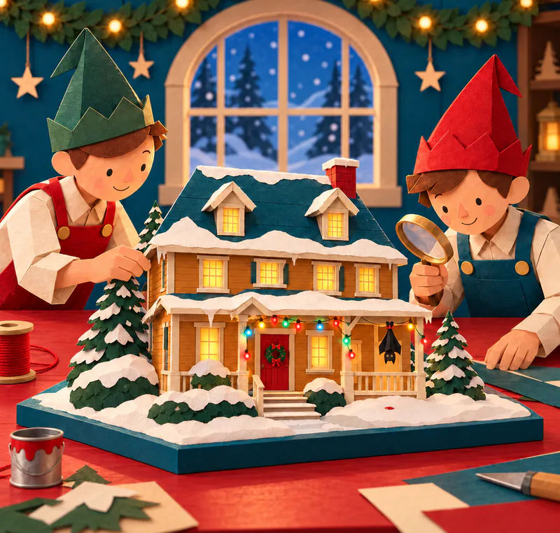 Two paper elves inspect a miniature snowy house with coloured porch lights. A small bat hangs upside down above a single red mark in the snow.