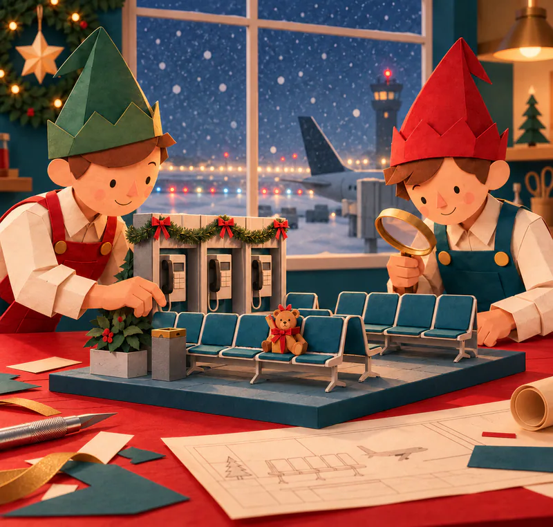 Two paper elves inspect a miniature airport lounge with decorated payphones and a gift-wrapped teddy on a seat. Runway lights shine through snow behind them.