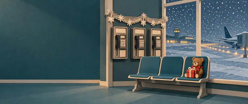 A paper teddy with a red present sits beneath tinsel-trimmed airport payphones. Snowy runway lights glow through the window beside a quiet teal wall.