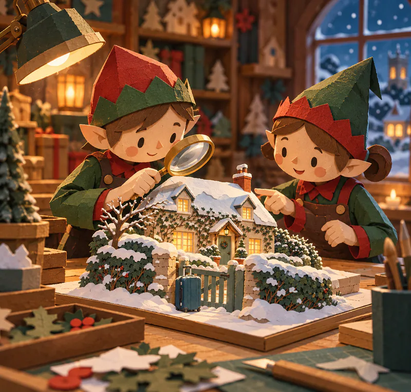 Two paper elves inspect a miniature snowy cottage in a warmly lit workshop, one holding a magnifying glass above its roof. A tiny blue suitcase stands by the gate.