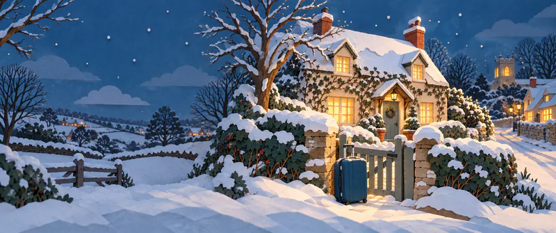 A warmly lit paper cottage stands beside a snowy lane, with a blue suitcase at its green garden gate and open snowy fields beneath a deep blue sky.