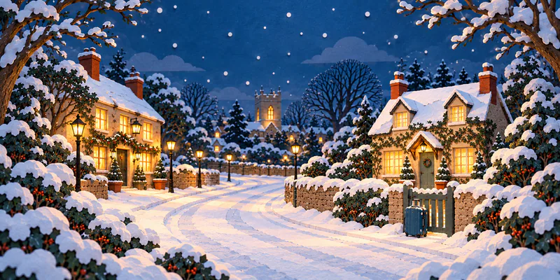 A snowy paper lane curves between warmly lit buildings towards a church tower. A blue suitcase stands outside an ivy-covered cottage behind a green gate.