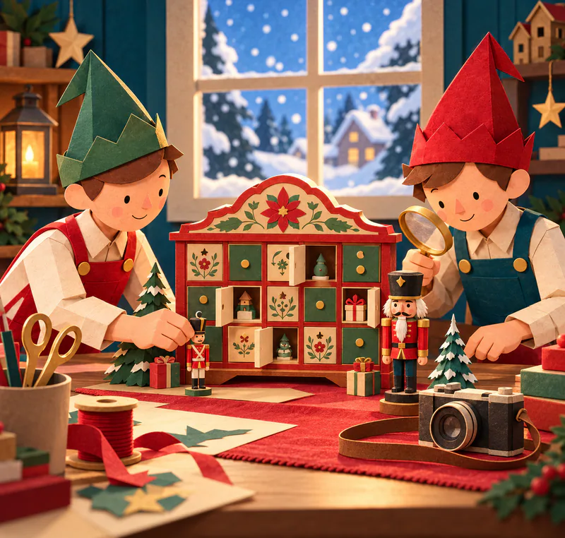 Two paper elves inspect an unnumbered advent cabinet with open doors, a tiny toy soldier and nutcracker, with a vintage camera on the worktable.
