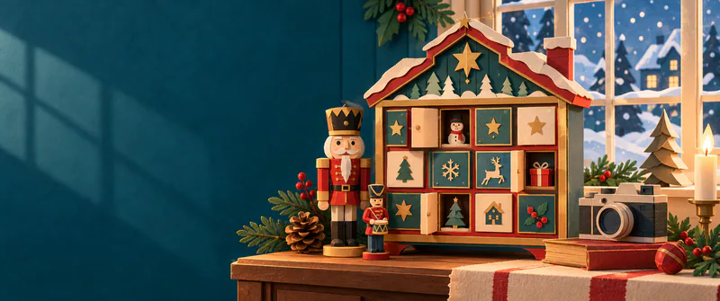 An unnumbered paper advent cabinet with open doors sits beside a nutcracker, toy drummer and vintage camera on a table by a snowy window.