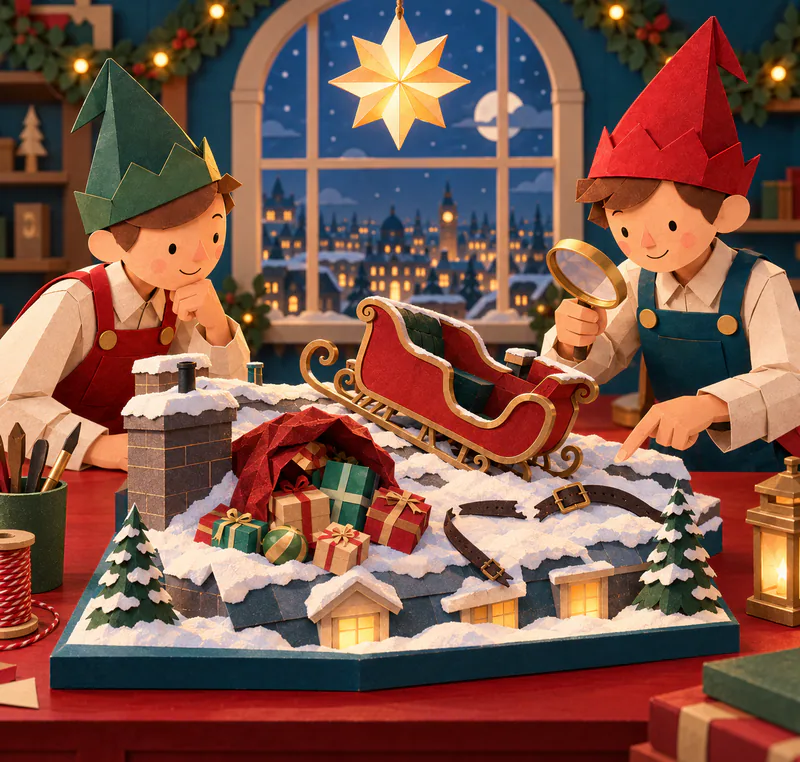 Two paper elves examine a miniature rooftop with an empty red sleigh, spilled presents and broken harness straps beneath a glowing star lantern.