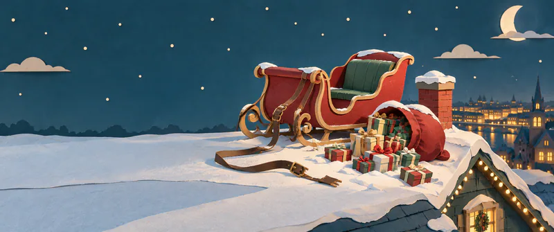 An empty red paper sleigh rests on a snowy rooftop beside a spilled sack of presents and a broken harness, with warm city lights below.