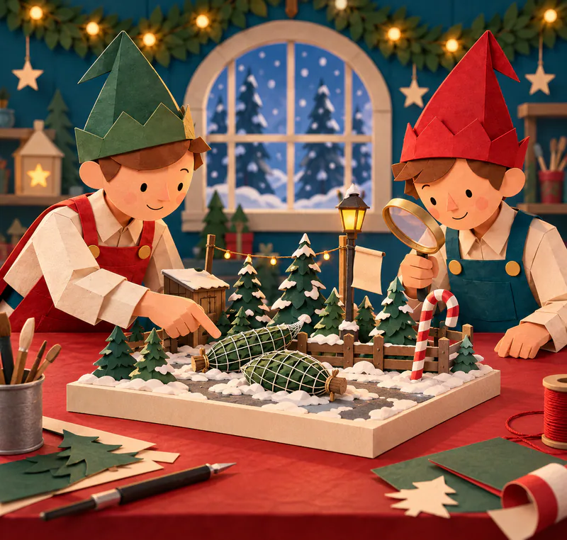 Two paper elves inspect a miniature snowy tree yard with fallen netted firs, a striped candy cane and a glowing lamppost.
