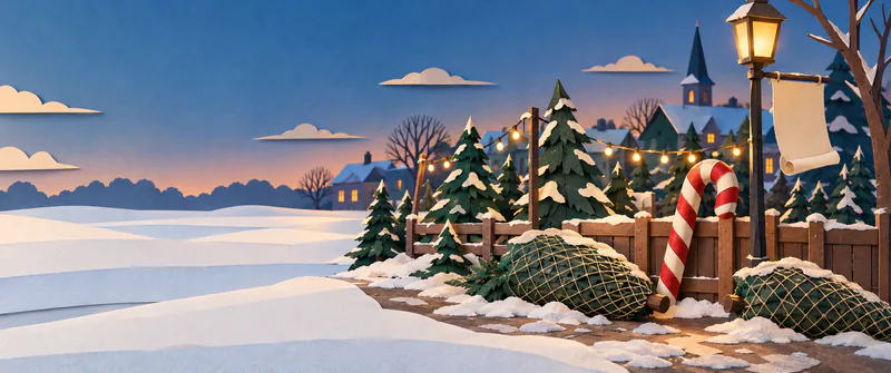Fallen netted firs and a giant candy cane sit beside a snowy fence at dusk, with a blank poster under an amber lamp and open snow to the left.
