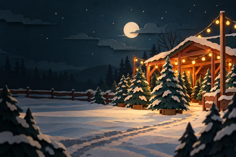 Layered paper fir trees stand in a snowy Christmas tree yard beneath amber lamps, with a dark forest and pale moon behind.