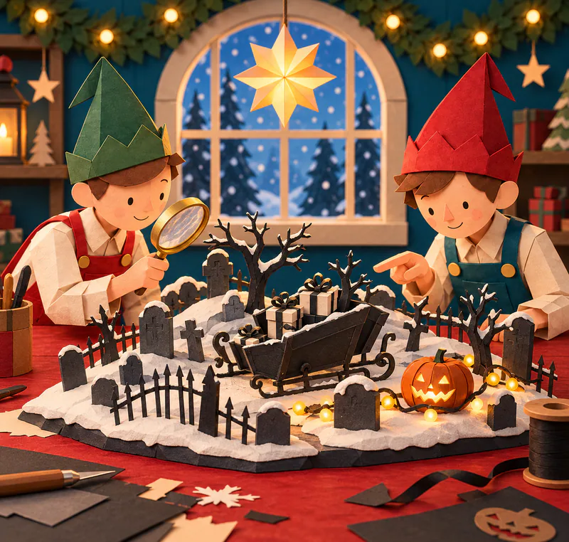 Two paper elves study a snowy graveyard model with a magnifying glass, beside a tiny parcel-filled sleigh, glowing pumpkin and warm fairy lights.