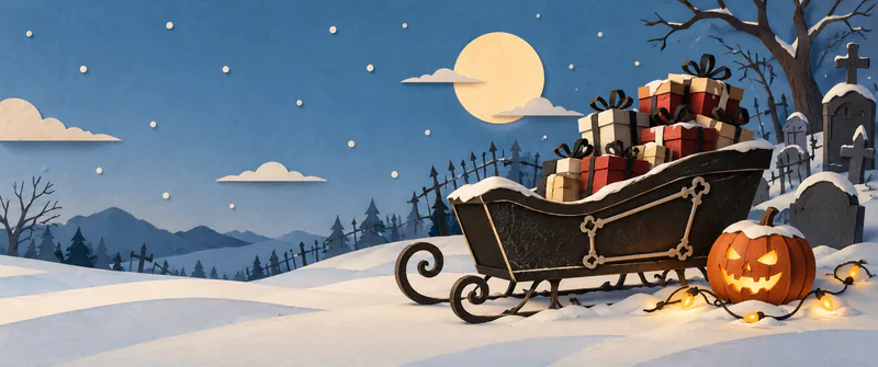 A dark paper sleigh piled with black-ribbon parcels rests beside a glowing pumpkin and fairy lights in a moonlit snowy graveyard.
