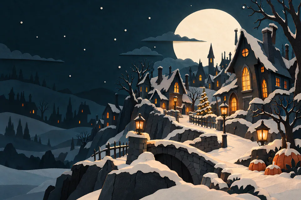 A snowy gothic paper town rises beneath a huge pale moon, with amber windows, bare trees, a small lit Christmas tree and pumpkins beside the winding path.