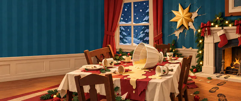 A tipped white bowl and scattered cups cover a Christmas dinner table. Bootprints lead from the fireplace beneath a gold star stuck in wallpaper beside a snowy window.