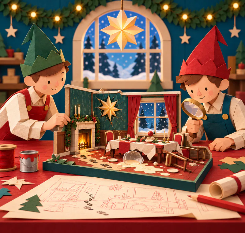 Two paper elves study a miniature Christmas dining room with a toppled bowl and chair, bootprints across the floor and a gold star lodged beside a snowy window.