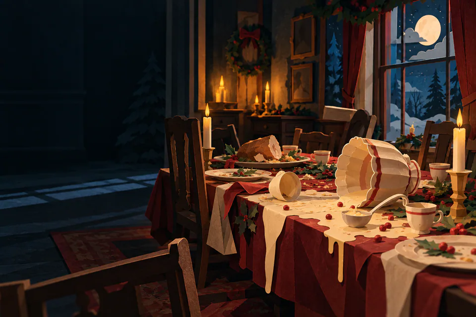 An overturned paper punch bowl spills cream-coloured eggnog across an abandoned Christmas dinner table, lit by candles beside a snowy window.