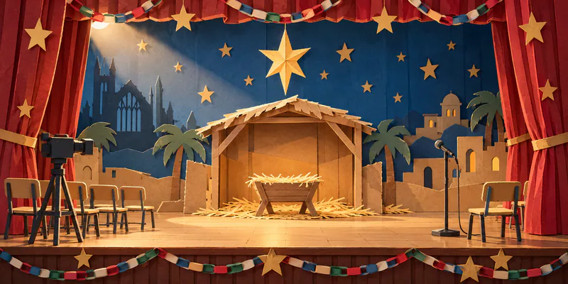 A warmly lit cardboard stable and empty manger sit beneath a gold star on a school stage. Red curtains, paper chains, small chairs, a camera and microphone frame the blue scenery.