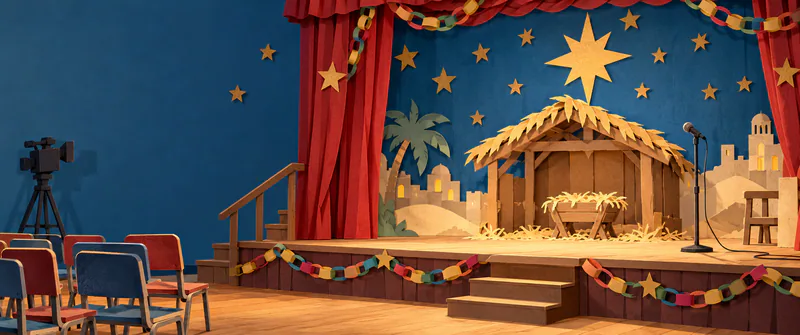 An empty school nativity stage has a cardboard stable, straw-filled manger and gold star against a blue backdrop. Red curtains, paper chains, small chairs and a tripod camera surround it.