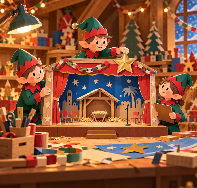 Three paper elves inspect a miniature school nativity stage on a workshop bench. One adjusts a gold star above red curtains, while the others steady the set and hold a blank board.