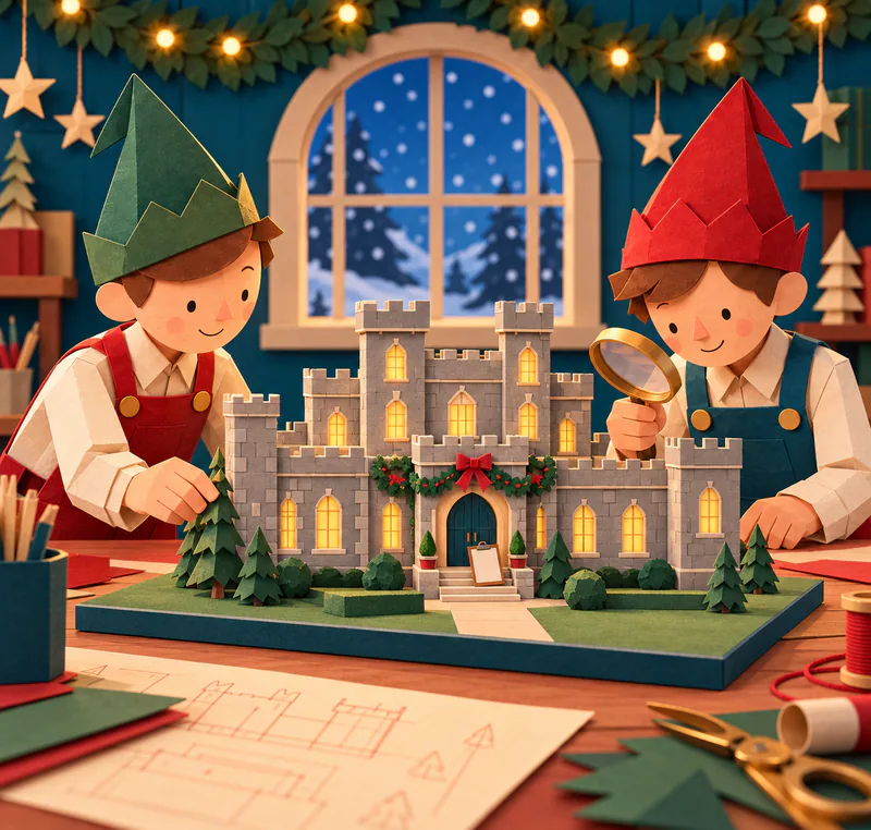 Two paper elves inspect a miniature grey castle with glowing windows, a garland and a blank clipboard on its steps. Paper plans and tools cover the workshop bench.